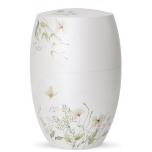 Biodegradable Cremation Ashes Urn – Botanique Edition - Mother of Pearl, Matt White - Orange Meadow Flowers Motif